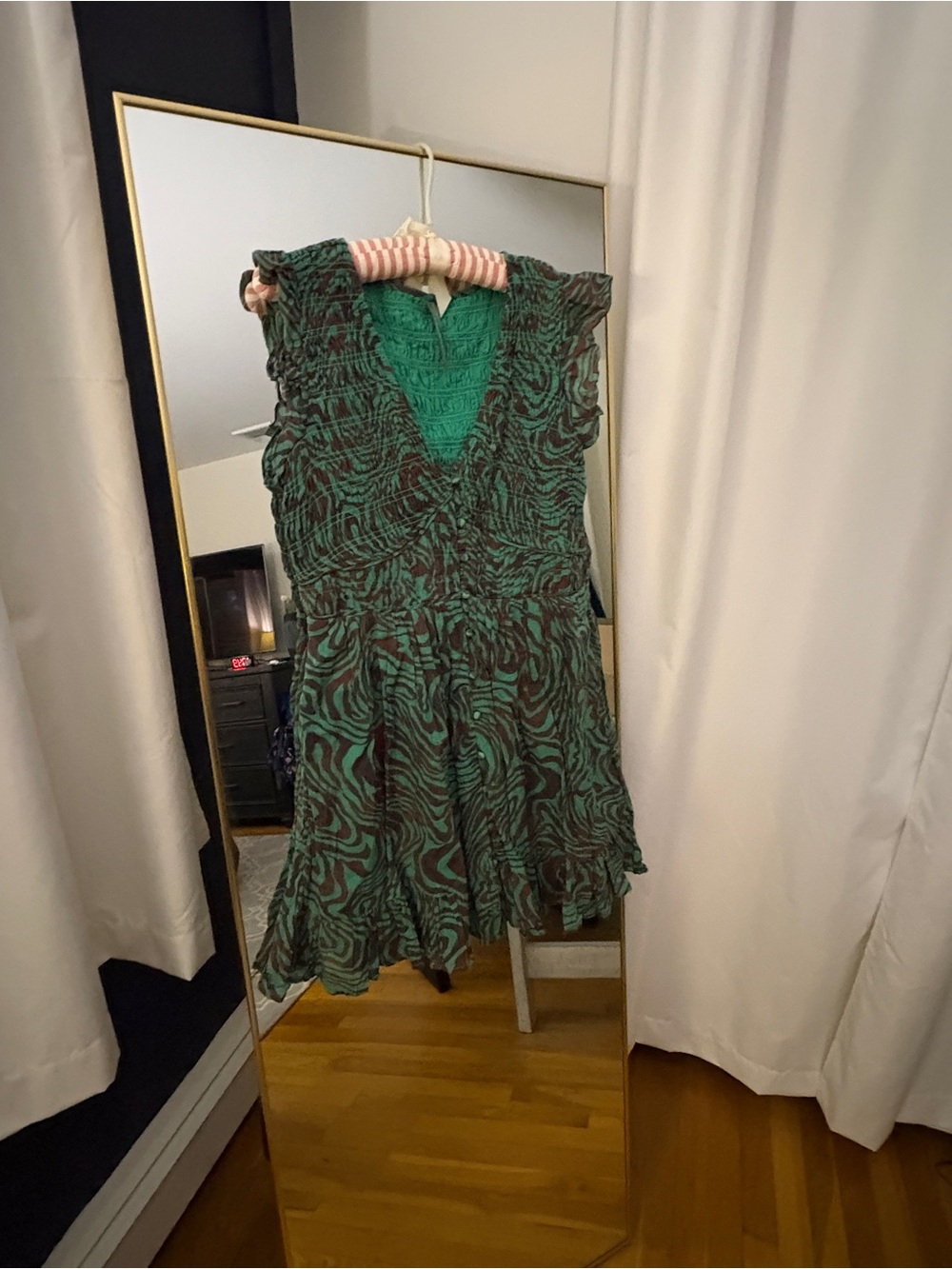 Anthropologie Green and Brown Patterned V-Neck Mini Dressi